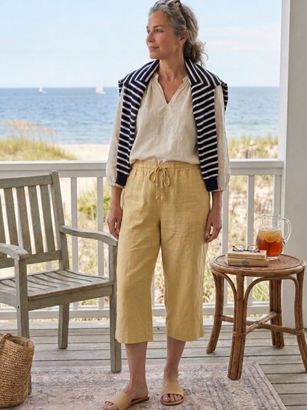 Lauren Ralph Lauren Linen-Blend Wide Leg Drawstring Crop Pants/Capris- Sand - XL